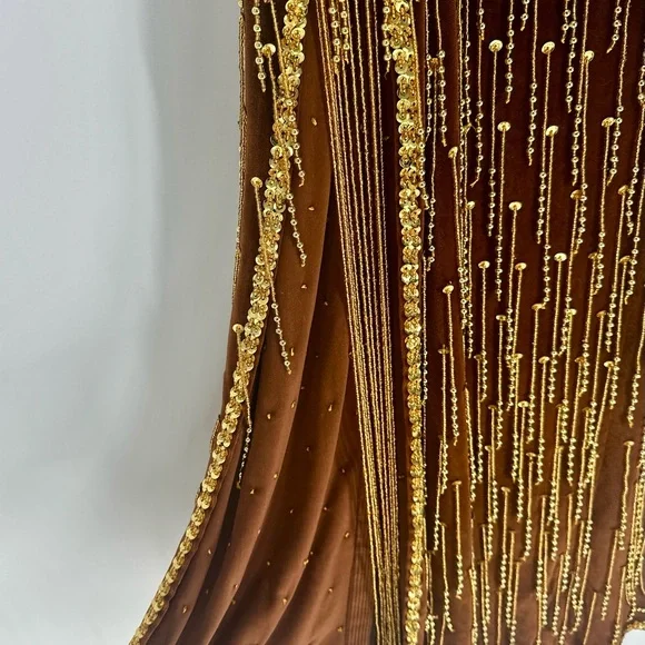 Brown Velvet Top & Shirt w/ Gold Fringe Beading 2 Piece Set Vintage Dance Outfit - Picture 5 of 8